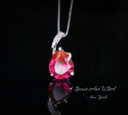 Classic Simple Ruby Necklace - 18KGP& Sterling Silver - Teardrop Red Ruby Pendant - July Birthstone - Pear 3.5 CT Large #683