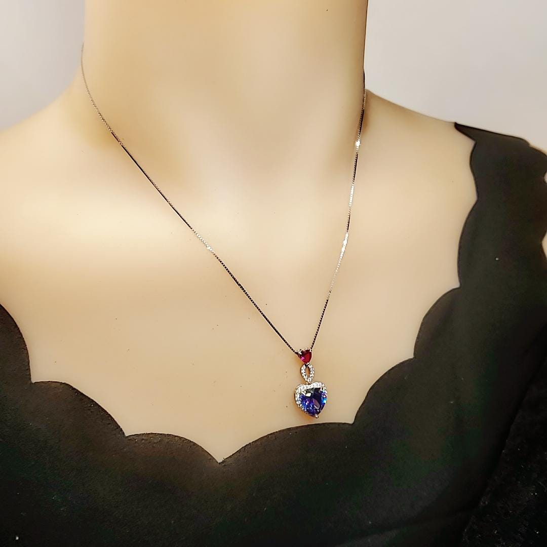 5 CT Blue Sapphire Double Heart Pendant Necklace – Sterling Silver, White Gold Coated – September Birthstone Gift for Her 741