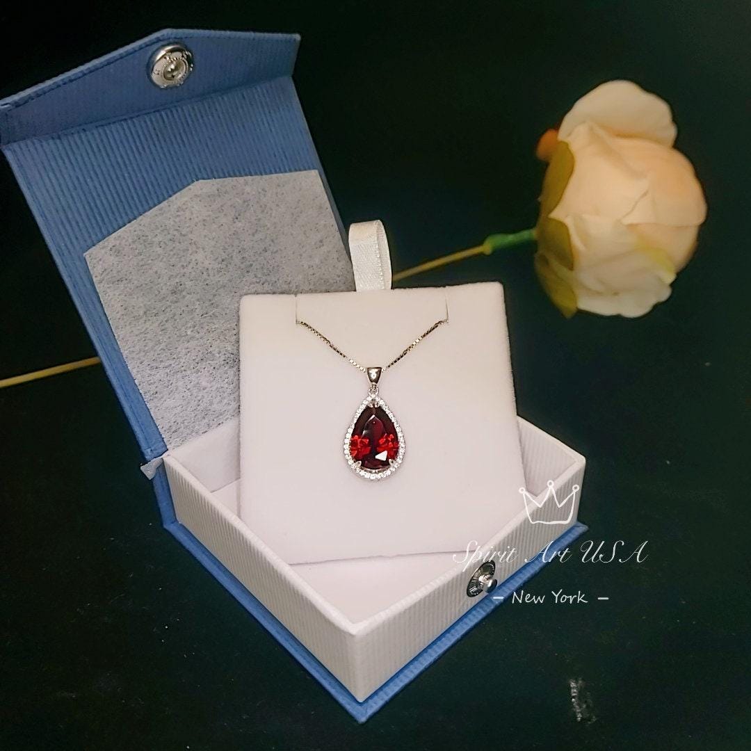 Large Teardrop Garnet Necklace - 5.5 CT Deep Red Gemstone Garnet Pendant - White Gold Sterling Silver January Birthstone #772