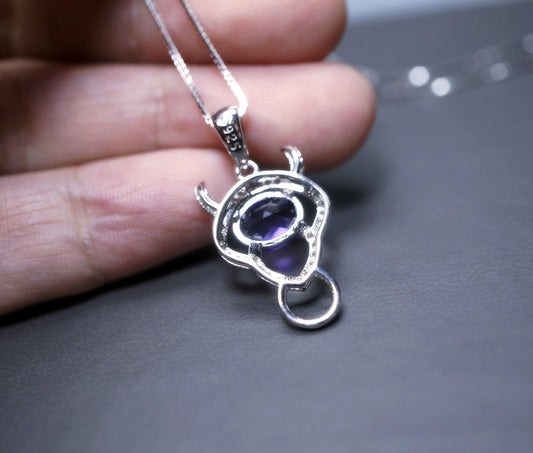 Natural Amethyst Necklace Sterling Silver 1.5 CT Sim Diamond 14k White Gold Coated Buffalo Bull Ox Purple Pendant February Birthstone 1020