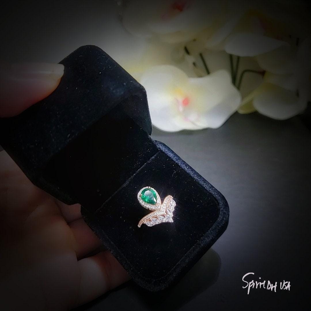 Teardrop Emerald Crown Ring Rose Gold Sterling Silver Royal Green Gemstone Solitaire Statement Mult-stone Promise J Ring 1056