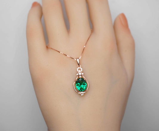 Green Emerald Necklace Rose Gold coated 925 Sterling Silver Oval May Birthstone Life of Flower Pendant #946