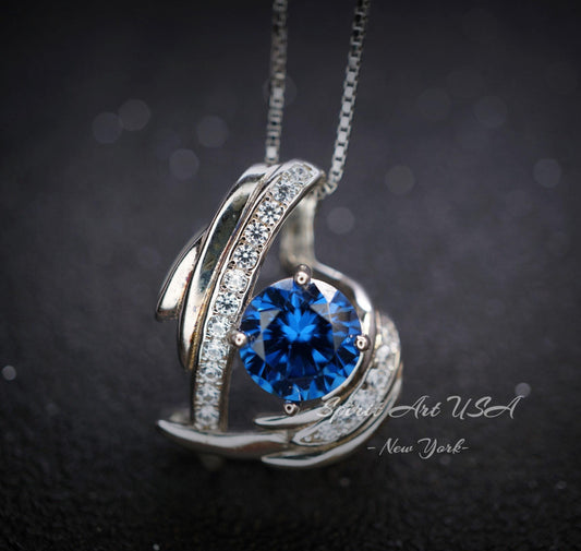 Protective Angel Wing Blue Sapphire Necklace - Sterling Silver White Gold Coated - 2CT Round Cut Blue Sapphire Angel Wing Jewelry #883