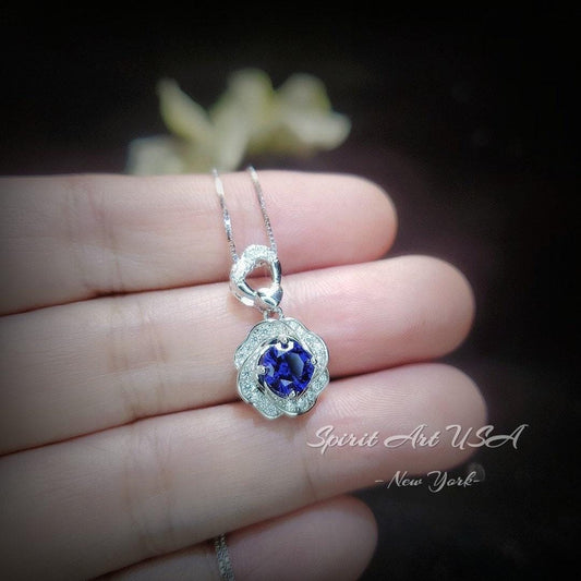 Tanzanite Necklace - Rose Flower Pendant - 18KGP @ Sterling Silver December Birthstone - Rose Flower Lab Created Blue Tanzanite Jewelry #457