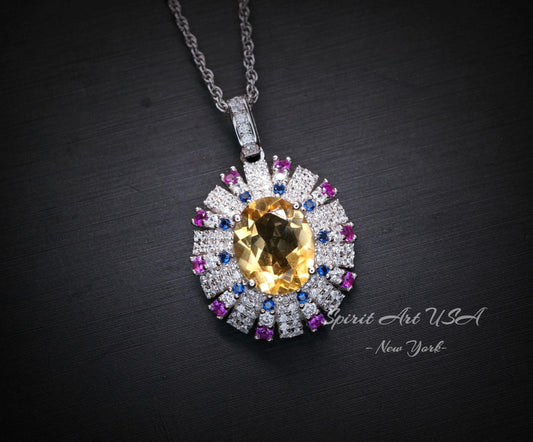 Genuine Citrine Necklace - Yellow Gemstone Pendant Source Light Style Gold-coated 925 Sterling Silver - 3 CT Citrine Pendant #903