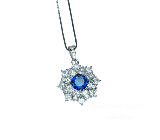 Blue Sapphire Necklace Gemstone Eight Petal Flower Necklace - Snowflake Pendant 18KGP @ Sterling Silver September Birthstone #944