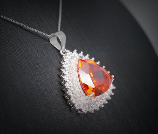 Large Sunstone Necklace - Gemstone Trillion Sun Stone Pendant Triangle Sterling Silver 10 CT Red Orange Gemstone Jewelry #835