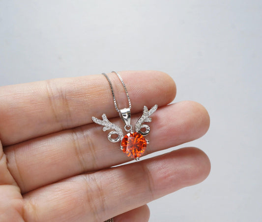 Orange Sunstone Necklace - High Quality Sterling Silver 2 CT Red Orange Spessartite Garnet Deer Antler Necklace #273