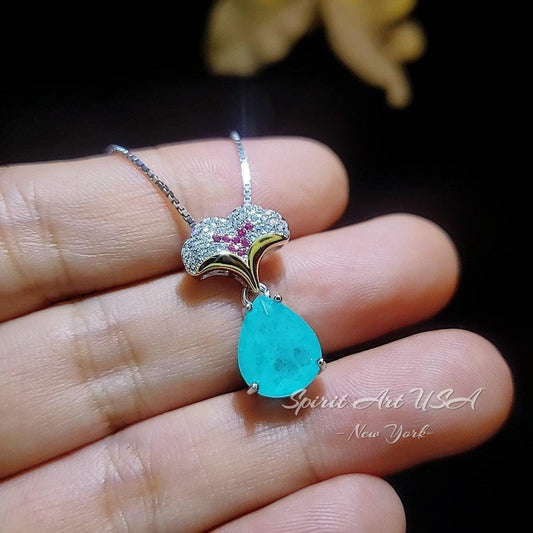 Paraiba Tourmaline Necklace - Ginkgo biloba Pendant - 18KGP Sterling Silver Large Teardrop 3.5 CT Paraiba Pendant Diamond Leaf Jewelry #685
