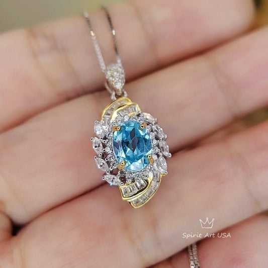 The Spiral of Life Blue Topaz Necklace Gemstone Swirl White Blue Topaz Pendant Jewelry Sterling Silver #656