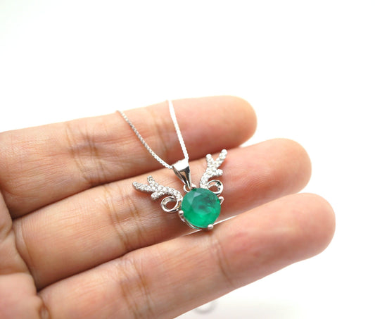 Emerald Necklace - Sterling Silver Deer Antler Necklace - 18kGP - 8 MM 2 CT Round Cut Green Emerald Jewelry #460