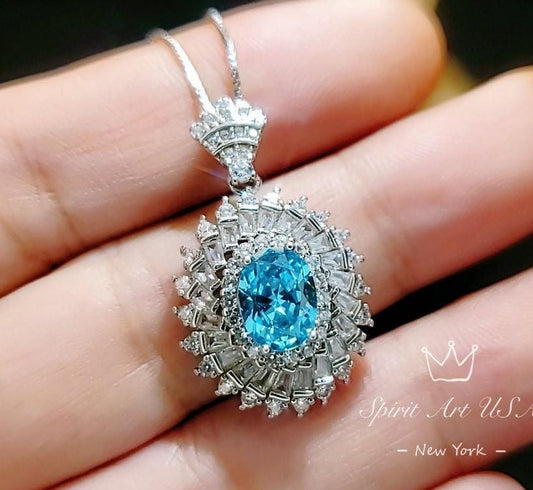 Aquamarine Halo Pendant Necklace in Sterling Silver, Baguette Round Sunburst Cluster, March Birthstone Deep Blue Aquamarine #777