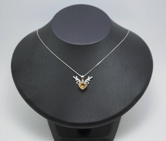 Sterling Silver Round Citrine Necklace - Deer Antler Pendant - November Birthstone - Angel Wing Round Cut 2 CT Natural Citrine Jewelry #372