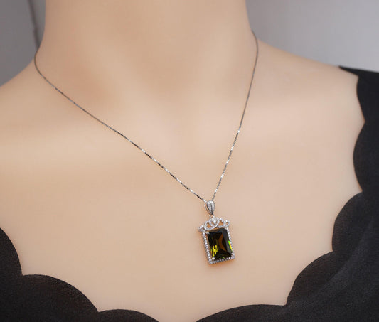 Large Rectangle Green Peridot Necklace Sterling Silver Deep Green August Birthstone Bridal Wedding Luxury Royal Peridot Pendant #1005
