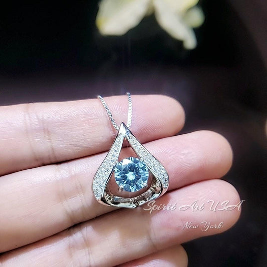 Protective Heart Aquamarine Necklace - Gemstone Fat Triangle Aquamarine Pendant 18KGP & Sterling Silver 2 Ct Round Cut Light Blue Stone #679
