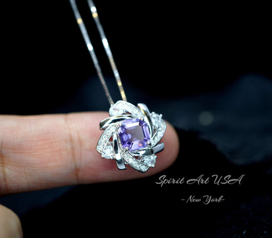 Genuine Amethyst Necklace - Tiny Square Scissor Cut Natural Amethyst Pendant - 18KGP @ Sterling Silver - February Birthstone #416