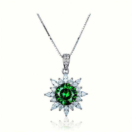 Diopside Sunburst Necklace • Sterling Silver Green Gemstone Halo Pendant • Vintage Style Birthstone Necklace • Chain 1125