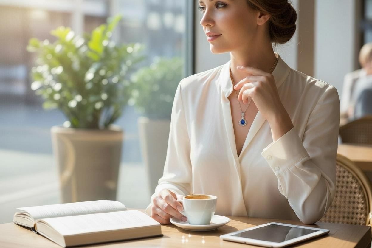 Mandolin flower Blue Sapphire Necklace - 1.2 ct Trillion Cut Blue Sapphire Pendant - White Gold coated Sterling Silver Gemstone Design #675