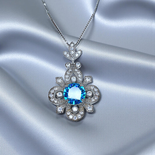 Blue Topaz Necklace - Sterling Silver 4 Petal Flower Jewelry - November Birthstone Chain Blue Gemstone Necklace 1126