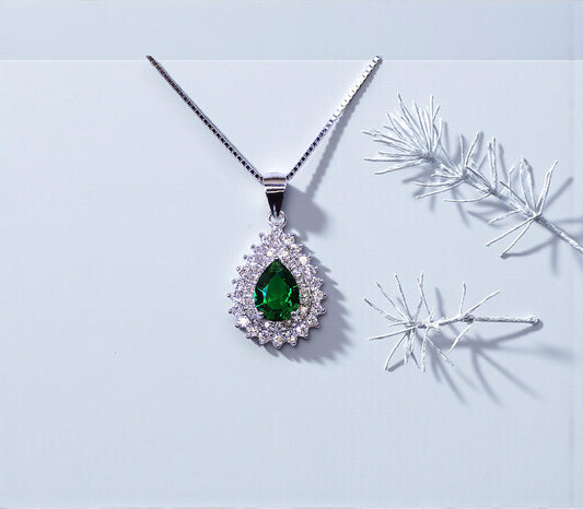 Double Halo Teardrop Emerald Necklace - 18kgp @ Sterling Silver - 1.2 CT Pear Cut Dainty Emerald Pendant #367