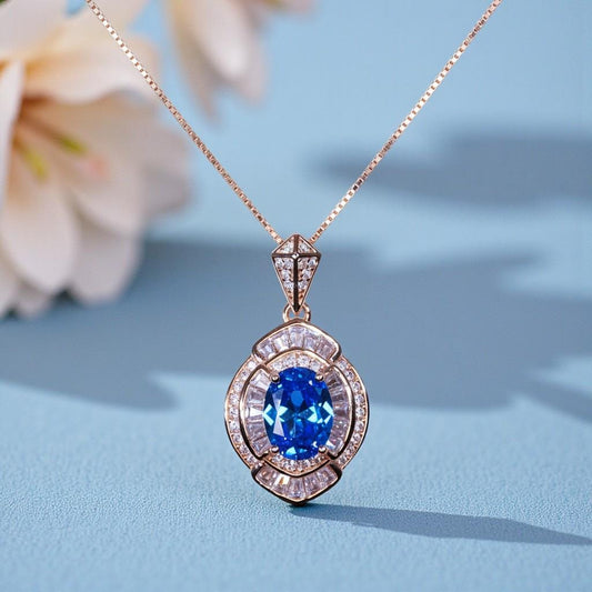 Rose Gold Sterling Silver Blue Topaz Necklace - Oval Cut 1.5 Ct Deep Blue Topaz pendant Chin #1137