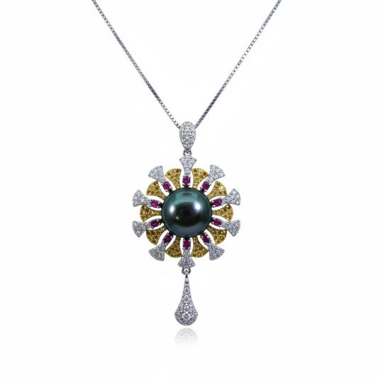 Black Pearl Necklace - 18KGP - Sterling Silver with Gold Sun Sunflower Style - Genuine Black Pearl Jewelry #742