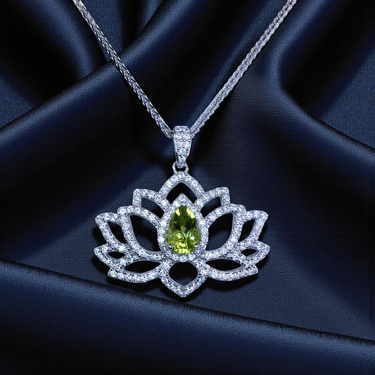 Genuine Peridot Necklace Lotus Flower Style Water Lily Pendant 18KGP @ Sterling Silver Birthstone Jewelry Green Gemstone Pendant #1127