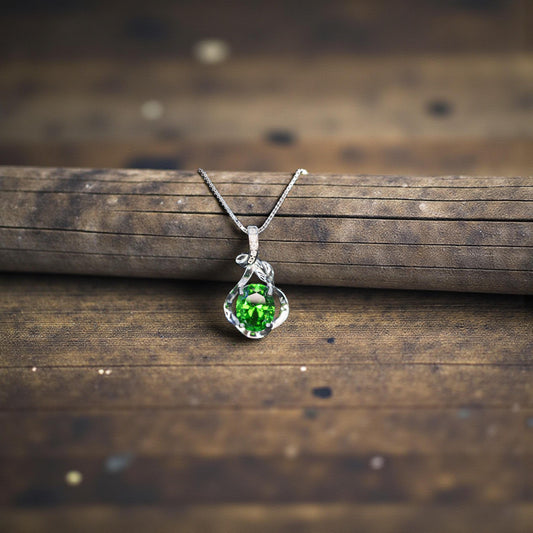 Diopside Necklace • Sterling Silver Green Gemstone Pendant • Vintage Style Flower Birthstone Necklace • Chain 1129