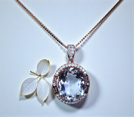Clear Quartz Necklace, Crystal energy healing Jewelry, Rose Gold coated Sterling silver 5 ct Natural Clear quartz Pendant #1132