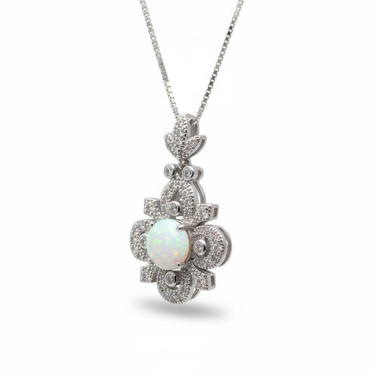 Vintage White Opal Necklace in Sterling Silver, 8mm Opal Pendant, 18K White Gold Plated Floral Jewelry, Anniversary Gift #1145