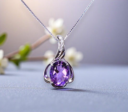 Genuine Amethyst Necklace - Sterling Silver Petal Flower Natural Amethyst Pendant February Birthstone Purple Gemstone Jewelry #461