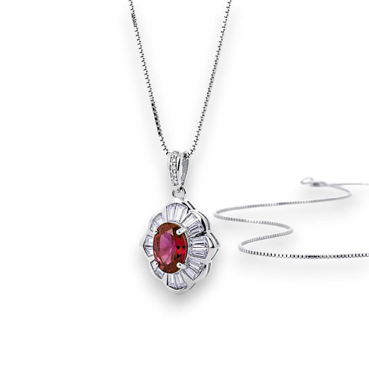 Lab Created Ruby Flower Necklace, 18k White Gold over Silver, Red Gemstone Floral Pendant, July Birthstone Chain 1146