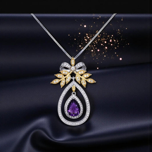 Genuine Amethyst Teardrop Necklace Sterling Silver & 18K Gold, Olive Branch Bow Pendant, February Birthstone Jewelry, Chain 1138