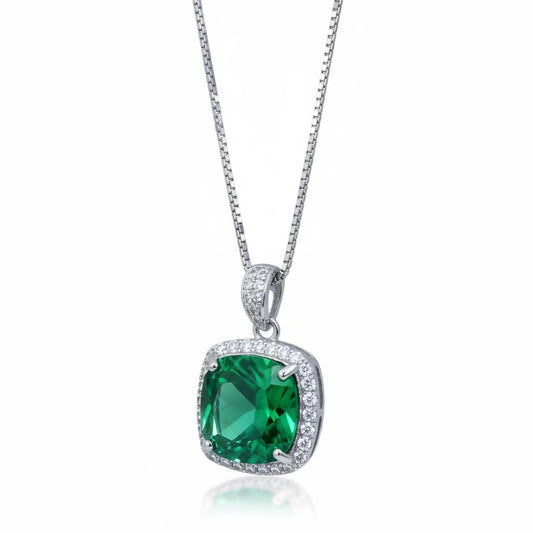 Large Emerald Necklace - Sterling Silver Square 10 mm lab created Green Emerald Pendant - May Birthstone 18KGP #958