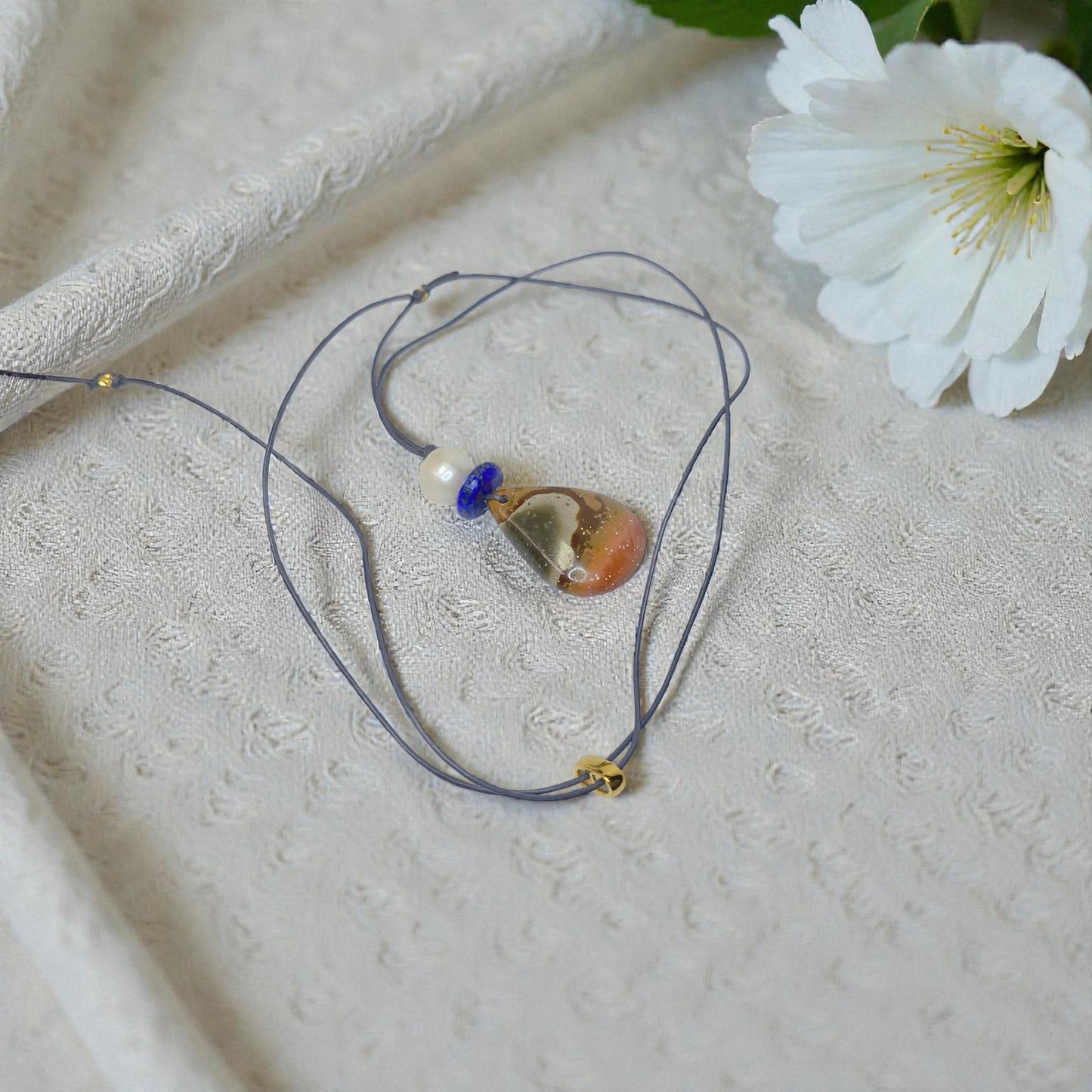 Ocean Jasper Necklace Baroque Pearl Lapis Lazuli Pendant Geometric Chunky Jewelry for Her, Adjustable Leather Cord Birthstone Gift