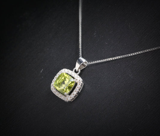 Genuine Green Peridot Necklace - Sterling Silver - Natural Peridot - Square Green Gemstone - Birthstone - Tiny Peridot Pendant #1014
