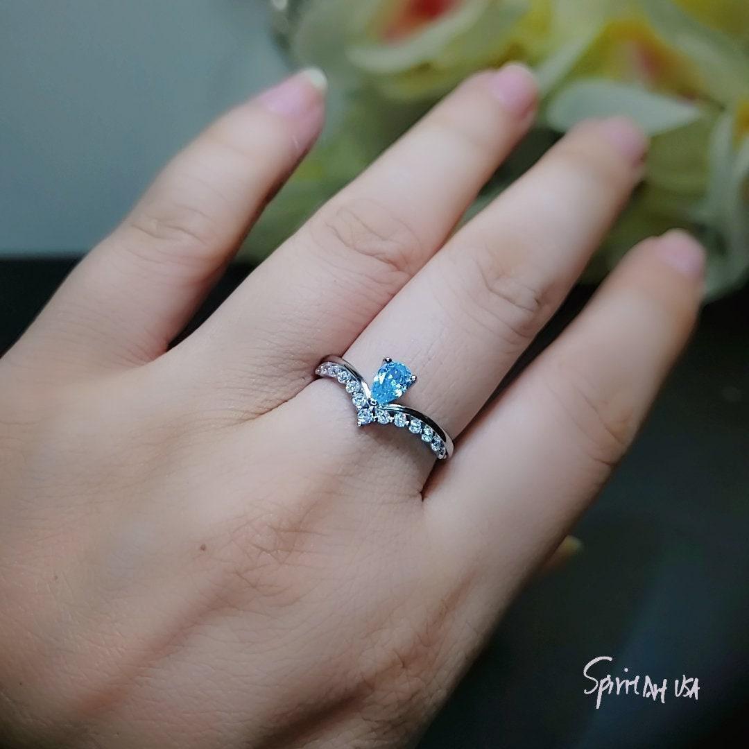Crown Blue Aquamarine Ring Sterling Silver Sim Diamond Dainty Teardrop Pear Blue Gemstone Solitare Halo Ring 1062