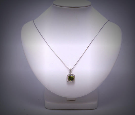 18KGP @ Sterling Silver Green Peridot Necklace - Square Halo Style Round Cut Lab Created Peridot Pendant 086