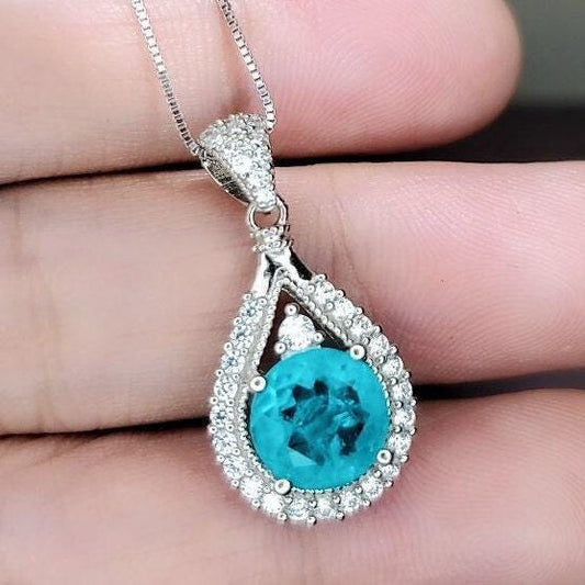 Round Paraiba Necklace - 2 CT Created Blue Tourmaline Paraiba Teardrop Sterling Silver Pendant 092