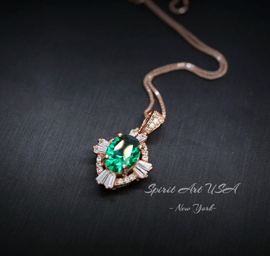 Green Emerald Necklace, Rose Gold coating 925 Sterling Silver Box Chain, Green Stone Emerald Jewelry #128