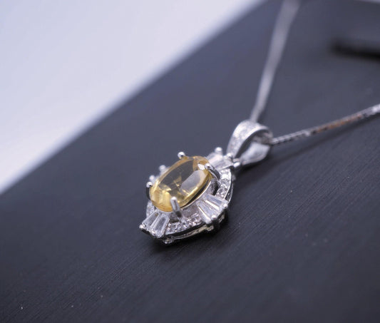 Sterling Silver Natural Citrine Necklace 1.5 CT Genuine Pendant Diamond Halo White Gold plated Dainty Royal Luxury 1073