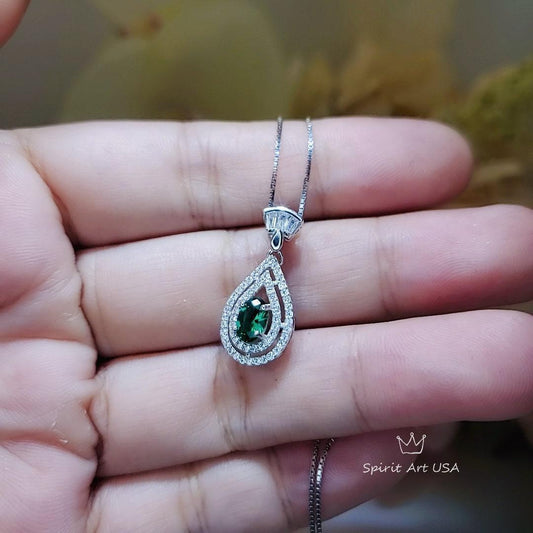 Double Halo Emerald Necklace - Gemstone Teardrop Emerald Pendant - Royal Crown Sterling Silver 18KGP Dainty May Birthstone green #244