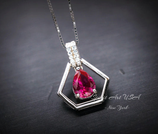 Geometric Red Ruby Necklace - Sterling Silver Triangle Diamond Teardrop Ruby Pendant Tiny Minimalist Red Gemstone Jewelry
