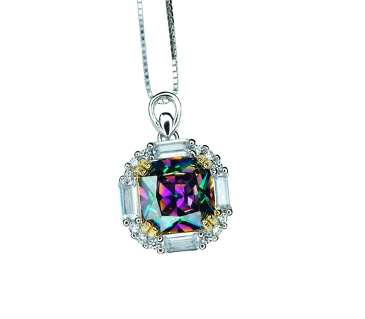 Dainty Cushion Mystic Topaz Necklace - Sterling Silver Gemstone Square Halo Solitaire Royal Rainbow Topaz Jewelry #173
