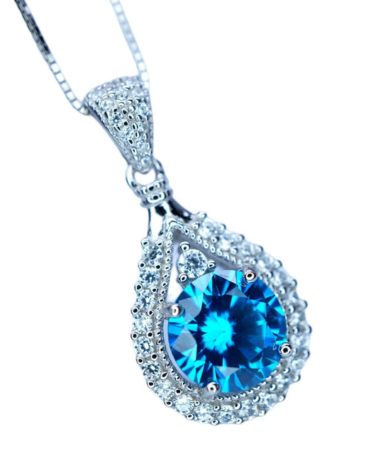 Round blue topaz necklace sterling silver made white yellow rose gold Chain birthstone jewelry 291