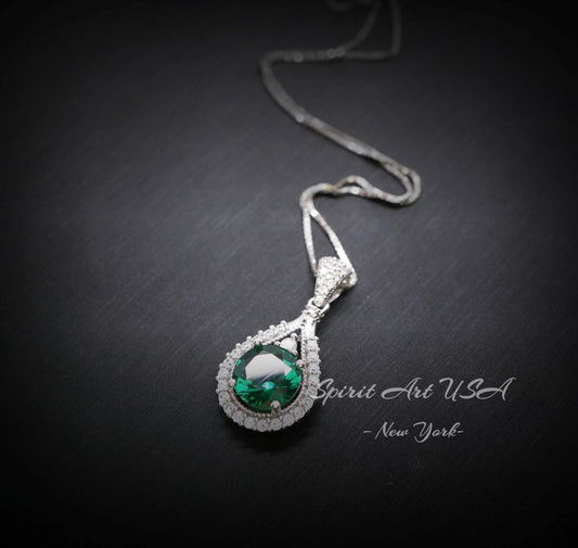 8mm Round Emerald Necklace - 18KGP @ Sterling Silver Teardrop Green Emerald Pendant - May Birthstone #334