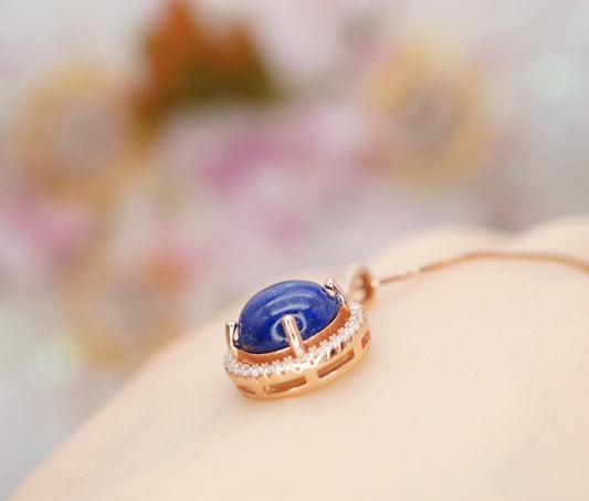 Lapis Lazuli Necklace - Rose Gold coated Sterling Silver Round Halo Gemstone Genuine Natural Blue Lapis Lazuli Pendant Jewelry #274