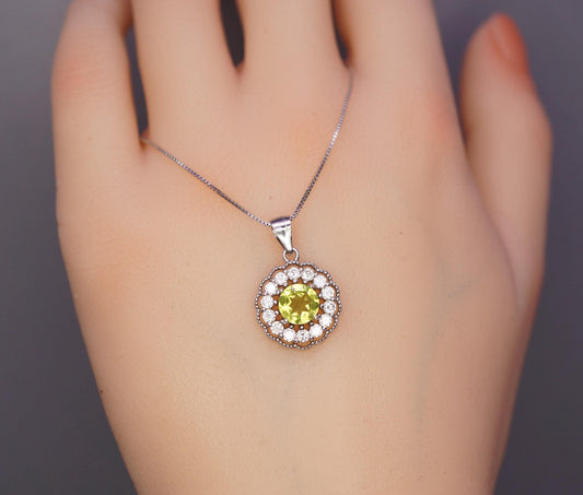 Genuine Peridot Necklace - Sterling Silver Green Peridot Flower Necklace Diamond 18k white gold 1079