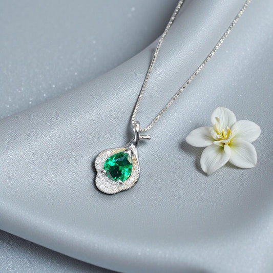 Emerald Necklace, Green Emerald Pendant, Teardrop Gemstone Necklace in White Gold Over Silver, May Birthstone Gift, Chain #1141