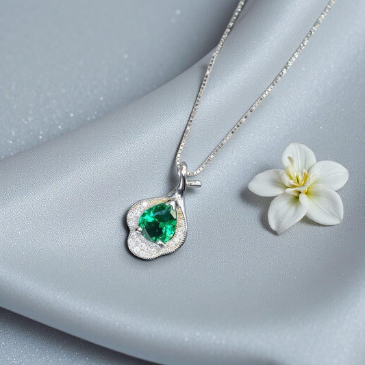 Emerald Necklace, Green Emerald Pendant, Teardrop Gemstone Necklace in White Gold Over Silver, May Birthstone Gift, Chain #1141